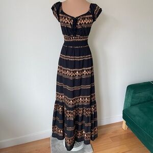 Coocu Resorts Greek Black Bronze Embroidered Corset Maxi Beach Dress EUC Size S